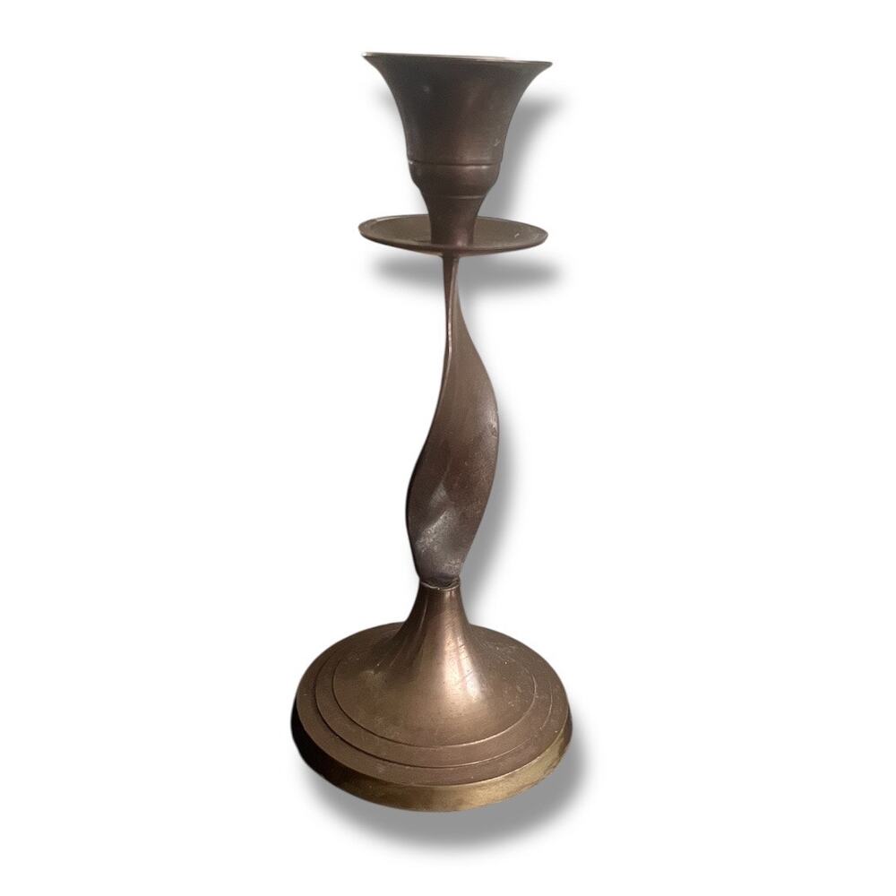 Vintage 70s Mid Century Modern brass swirl 6" tall candlestick